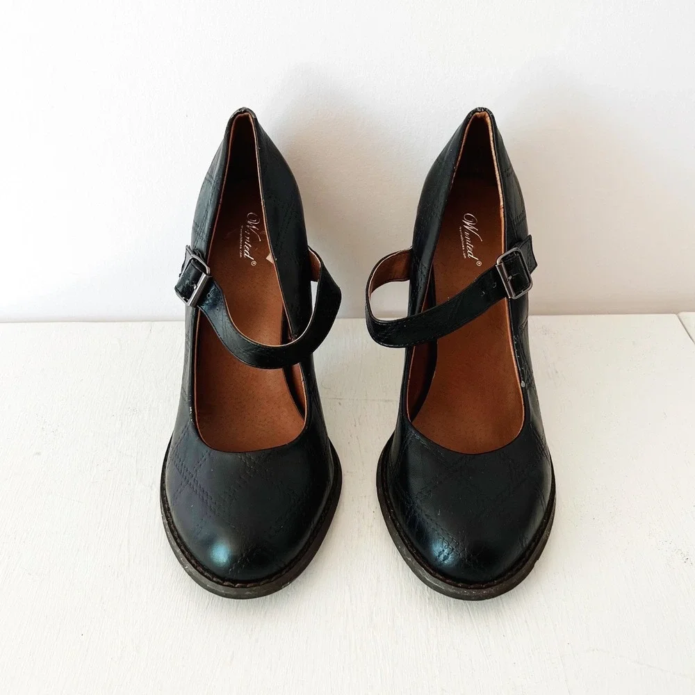 Y2K Wanted Bandy Mary Jane Pumps Black Quilted Block Heel Size Dark Academia 9